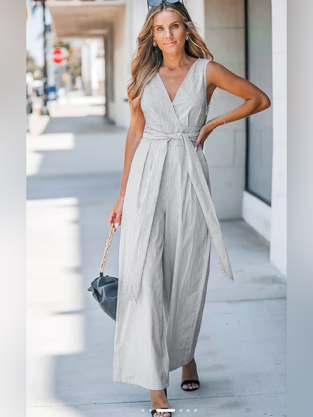 Cupshe Pinstriped Sash Jumpsuit NWT | Small • Wide‑Leg • Sleeveless • Chic Fit - Picture 3 of 6